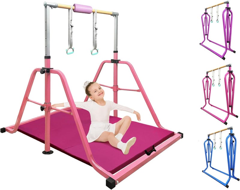 kechery Foldable & Moveable Gymnastics Horizontal Bar with Rings,3’to 5’Adjustable Height Expandable Junior Kip Bar for Home,Indoor Gym Equipment for Kids - Image 1
